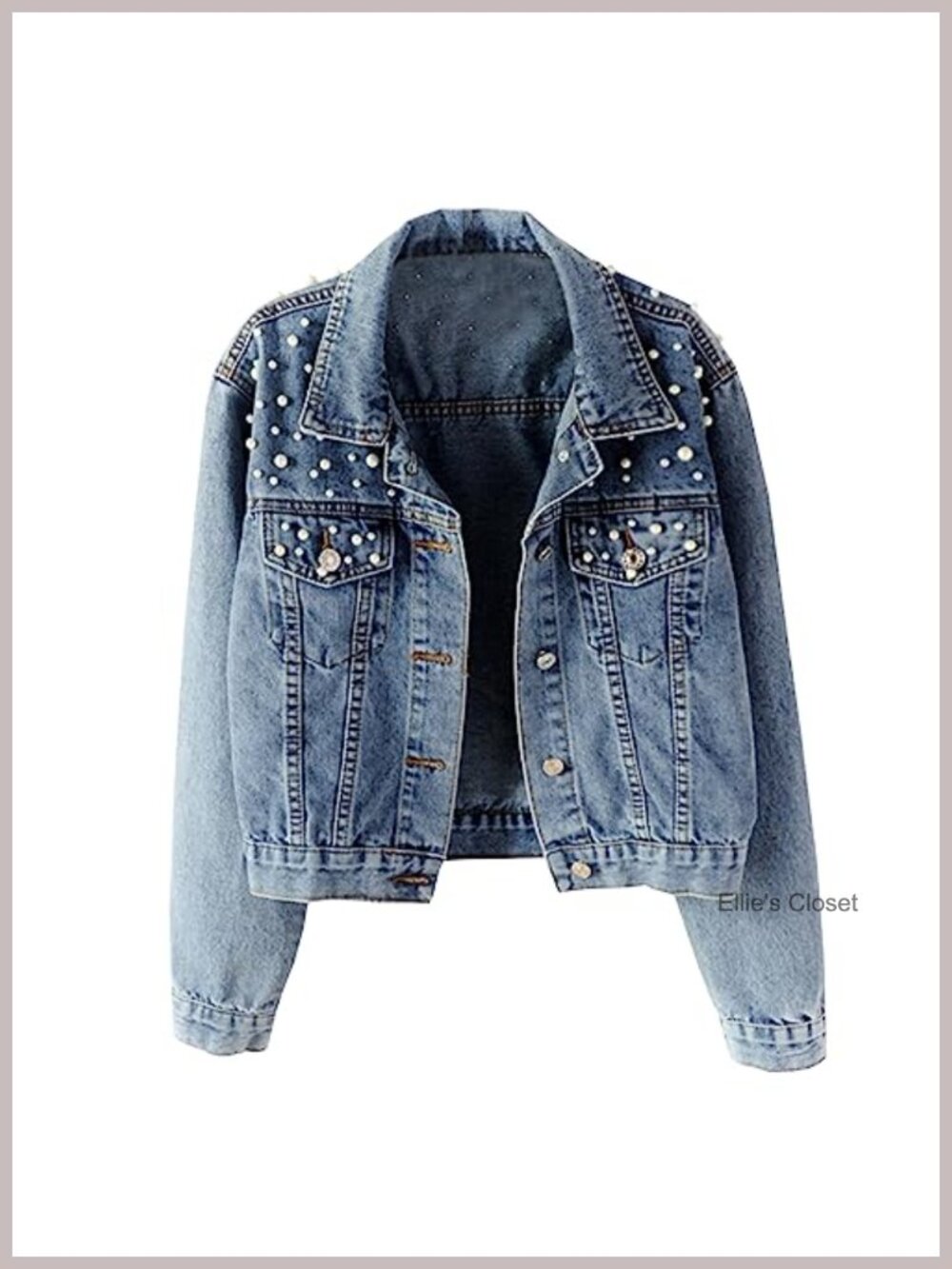 Women Embroidered Pearls Beading Cropped Denim Jacket Jean Coat - Oversized